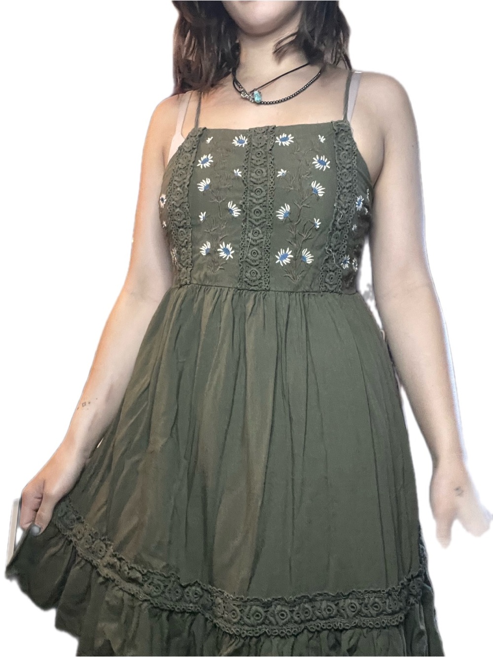 Patrons of Peace Olive Green Floral Embroidered Midi Dress